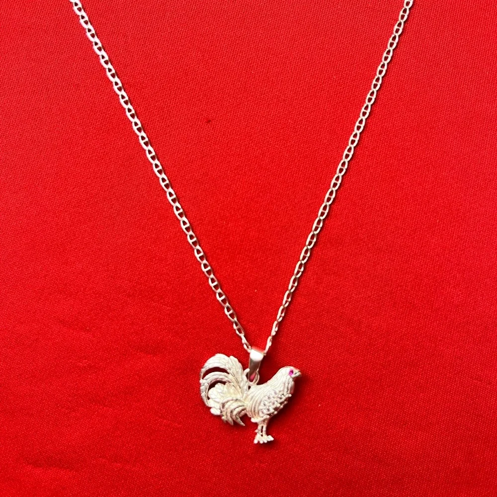 925 Sterling Silver Rooster Charm‎ Pendant Cubic zircon and chain necklace